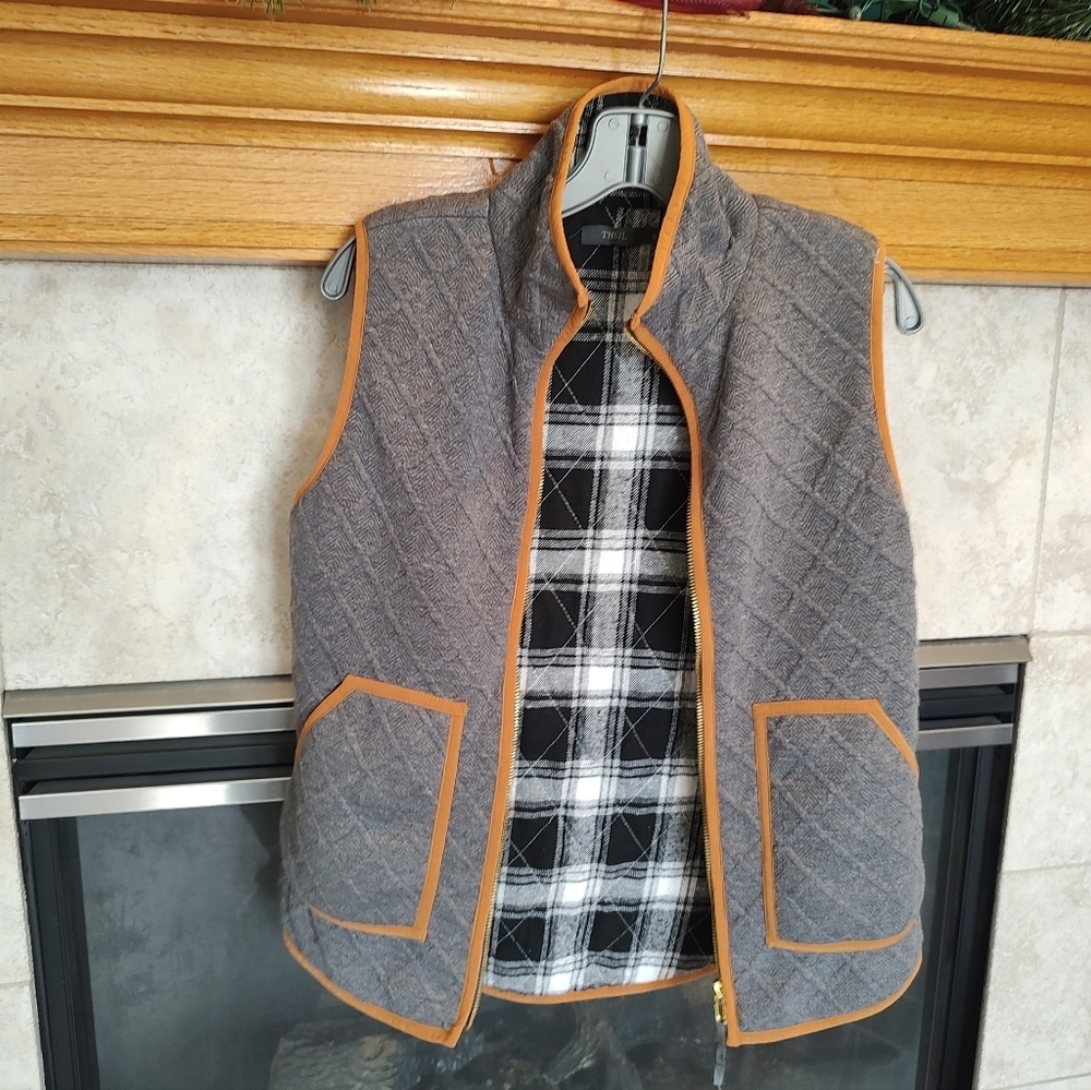 THML Croquet Style Quilted Sweater Vest Small Gray Plaid Lined Pocket Full Zip - Picture 3 of 9